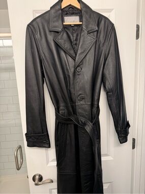 Wilsons Leather Vintage Black Long Leather Trench Coat NWOT